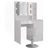 Vicco Tocador Sherry Blanco/Blanco alto brillo 89.8 cm con espejo y taburete, Model 57707