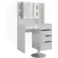 Vicco Tocador Sherry Blanco/Blanco alto brillo 89.8 cm con espejo y taburete, Model 57699