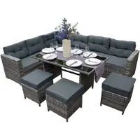 MonsterShop Conjunto de jardín de ratán para 9 personas con mesa y taburetes - Gris