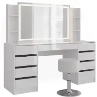 Vicco Tocador Sherry Blanco/Blanco alto brillo 158.2 cm con espejo LED y taburete, Model 57661