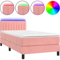 Syfax Cama box spring colchón y LED terciopelo rosa 100x200 cm