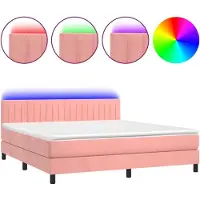 Syfax Cama box spring colchón y LED terciopelo rosa 180x200 cm