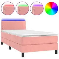Syfax Cama box spring colchón y LED terciopelo rosa 100x200 cm