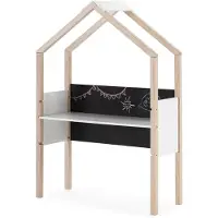 CALICOSY - Escritorio con pizarra en forma de casa, decoración en blanco lacado y madera clara, L100 cm - ELORA