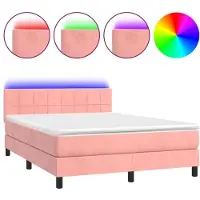 Syfax Cama box spring colchón y LED terciopelo rosa 140x190 cm