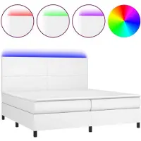 Syfax Cama box spring colchón y LED cuero sintético blanco 200x200 cm