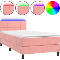 Syfax Cama box spring colchón y LED terciopelo rosa 100x200 cm