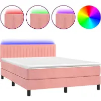 Syfax Cama box spring colchón y LED terciopelo rosa 140x200 cm
