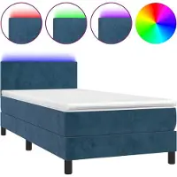 Syfax Cama box spring colchón y LED terciopelo azul oscuro 90x200 cm