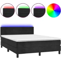 Syfax Cama box spring colchón y LED terciopelo negro 140x200 cm