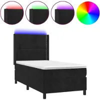Syfax Cama box spring colchón y LED terciopelo negro 90x190 cm