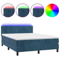 Syfax Cama box spring colchón y LED terciopelo azul oscuro 140x200 cm