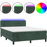 Syfax Cama box spring colchón y LED terciopelo verde oscuro 140x190cm