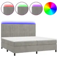 Syfax Cama box spring colchón y LED terciopelo gris claro 200x200 cm