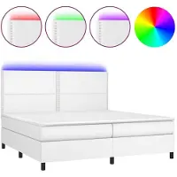 Syfax Cama box spring colchón y LED cuero sintético blanco 200x200 cm