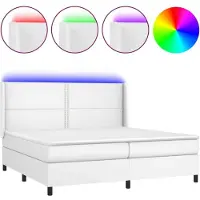 Syfax Cama box spring colchón y LED cuero sintético blanco 200x200 cm