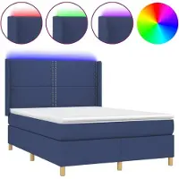 Syfax Cama box spring colchón y luces LED tela azul 140x190 cm