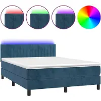 Syfax Cama box spring colchón y LED terciopelo azul oscuro 140x190 cm