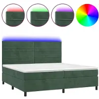 Syfax Cama box spring colchón y LED terciopelo verde oscuro 200x200cm