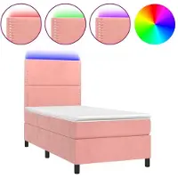 Syfax Cama box spring colchón y LED terciopelo rosa 90x200 cm