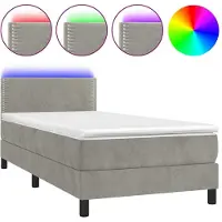 Syfax Cama box spring colchón y LED terciopelo gris claro 90x200 cm