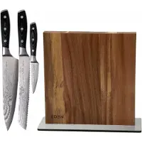 Couteaux de cuisine Eden Set de tres cuchillos Eden Classic Damast con bloque para cuchillos de madera de acacia