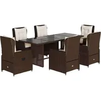 vidaXL Juego de mesa de jardín de 7 piezas con cojines, color marrón, de ratán sintético