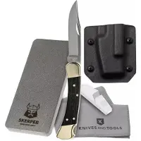 Buck 110 con funda de kydex + piedra de afilar Skerper y paño de microfibra