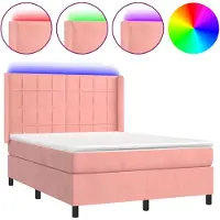 Syfax Cama box spring colchón y LED terciopelo rosa 140x200 cm