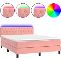 Syfax Cama box spring colchón y LED terciopelo rosa 140x190 cm