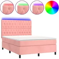 Syfax Cama box spring colchón y LED terciopelo rosa 140x200 cm