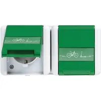 JUNG Enchufe 8220 GN NAWEB, doble, con símbolo de carga para bicicletas eléctricas, tapa abatible y espacio para texto, grado de protección IP44, color gris/verde
