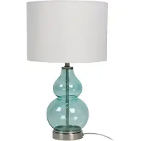 Relaxdays Lámpara de mesa , con base de vidrio y pantalla de tela, casquillo E14, dimensiones 44 x 26 cm, lámpara de noche con cable, ideal para el dormitorio, color blanco/azul