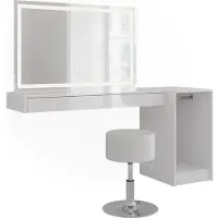 Vicco Tocador Sherry Blanco 160.2 cm con espejo LED, taburete y módulo con barra para ropa, Model 59572