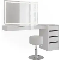 Vicco Tocador Sherry Blanco 160.2 cm con espejo LED, taburete y cajonera, Model 59574