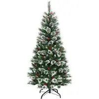 Costway Árbol de Navidad artificial de 180 cm con bayas rojas, abeto nevado con base de metal, agujas de PVC, árbol de Navidad artificial plegable