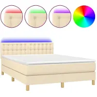 vidaXL Cama con somier y colchón, con iluminación LED, color crema, 140x190 cm, tapizada en tela