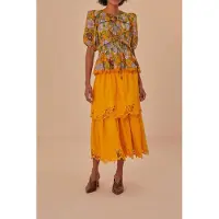 Farm Rio Mustard Yellow Tiered Lace Midi Skirt Talla: XXS | Faldas Midi Outlet | Mujer | Amarillo