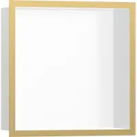 Hansgrohe Hueco empotrado XTRASTORIS, color blanco mate, dimensiones 300x300x100 mm. Marco decorativo pulido, dimensiones 300 x 300 x 100 mm, con acabado dorado
