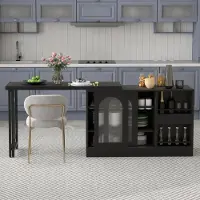 OKWISH Mesa extensible de comedor, giratoria 360°, mesa de conferencias con puertas de vidrio y dos bandejas extraíbles, barra de café con estanterías abiertas, color
