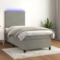 Prolenta Maison Exclusive: Base de cama con somier, colchón y luz LED, color gris claro, 90x190 cm, tapizada en terciopelo