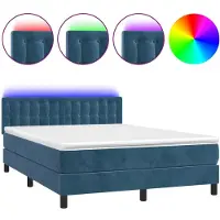 Syfax Cama box spring colchón y LED terciopelo azul oscuro 140x200 cm