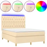 Syfax Cama box spring colchón y luces LED tela crema 140x200 cm