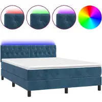 Syfax Cama box spring colchón y LED terciopelo azul oscuro 140x190 cm
