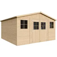 Timbela Caseta de jardín de madera con suelo tratado - Almacén con ventanas - 246 x 418 x 420 cm / 16 m² - Caseta de madera natural con revestimiento tipo "ship lap" - M330+330G