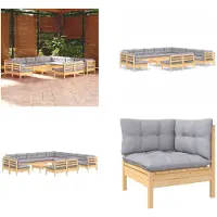 vidaXL Juego de jardín de 14 piezas con cojines grises, fabricado en madera maciza de pino. Juego de jardín, juegos de jardín, juego de muebles de jardín, conjuntos de muebles de jardín