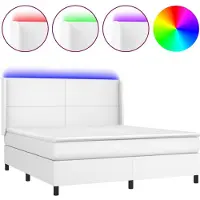 Syfax Cama box spring colchón y LED cuero sintético blanco 160x200 cm