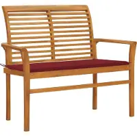 The Living Store Banco de jardín de la marca Living Store, con cojín de color burdeos, de 112 cm de largo, fabricado en madera de teca maciza