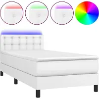 Syfax Cama box spring colchón y LED cuero sintético blanco 100x200 cm