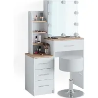 Vicco Tocador Conrada Blanco/Sonoma 80 cm con espejo, guirnalda LED y taburete, Model 39979